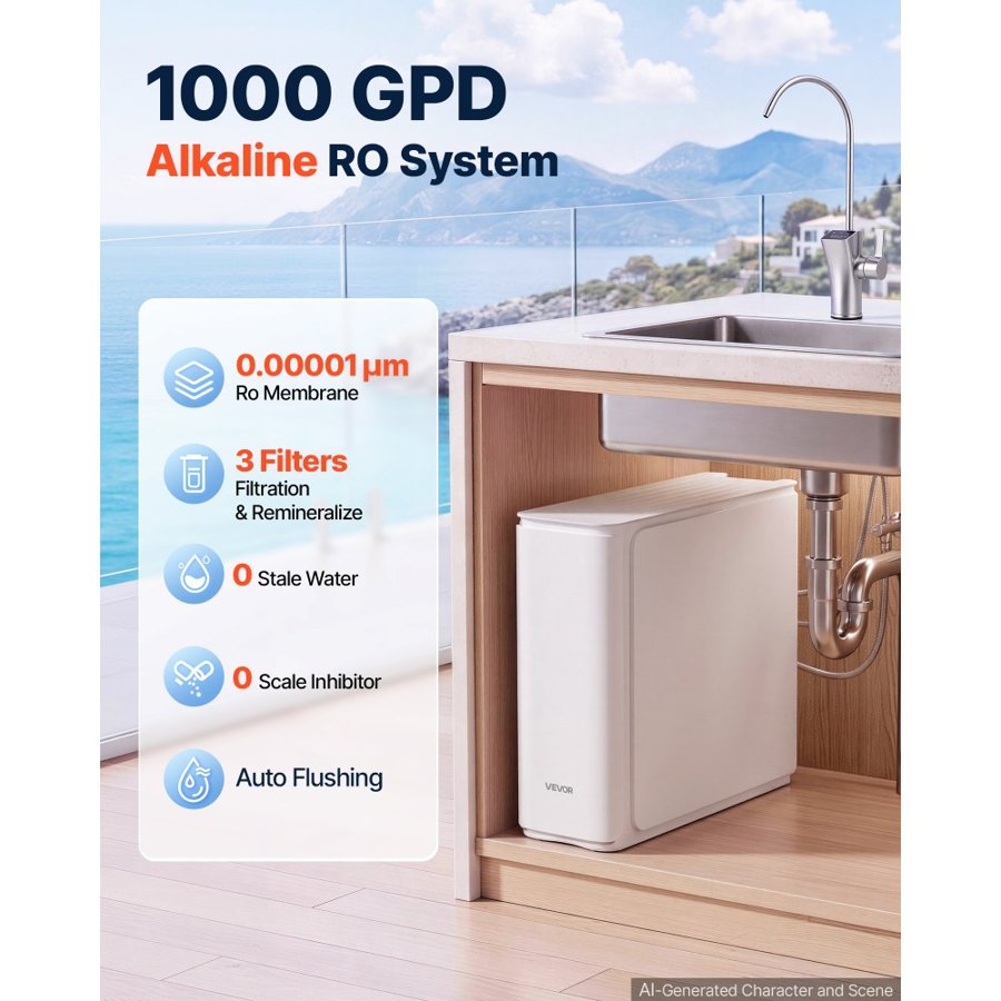 VEVOR Reverse Osmosis System 1000 GPD 8-Stage Tankless Water Filter Device, Under Sink Water Filtration, 2:1 Pure-to-Drain Ratio, Smart Faucet, Reduces TDS, Chlorine, Bad Taste and Odor,  CE Certified