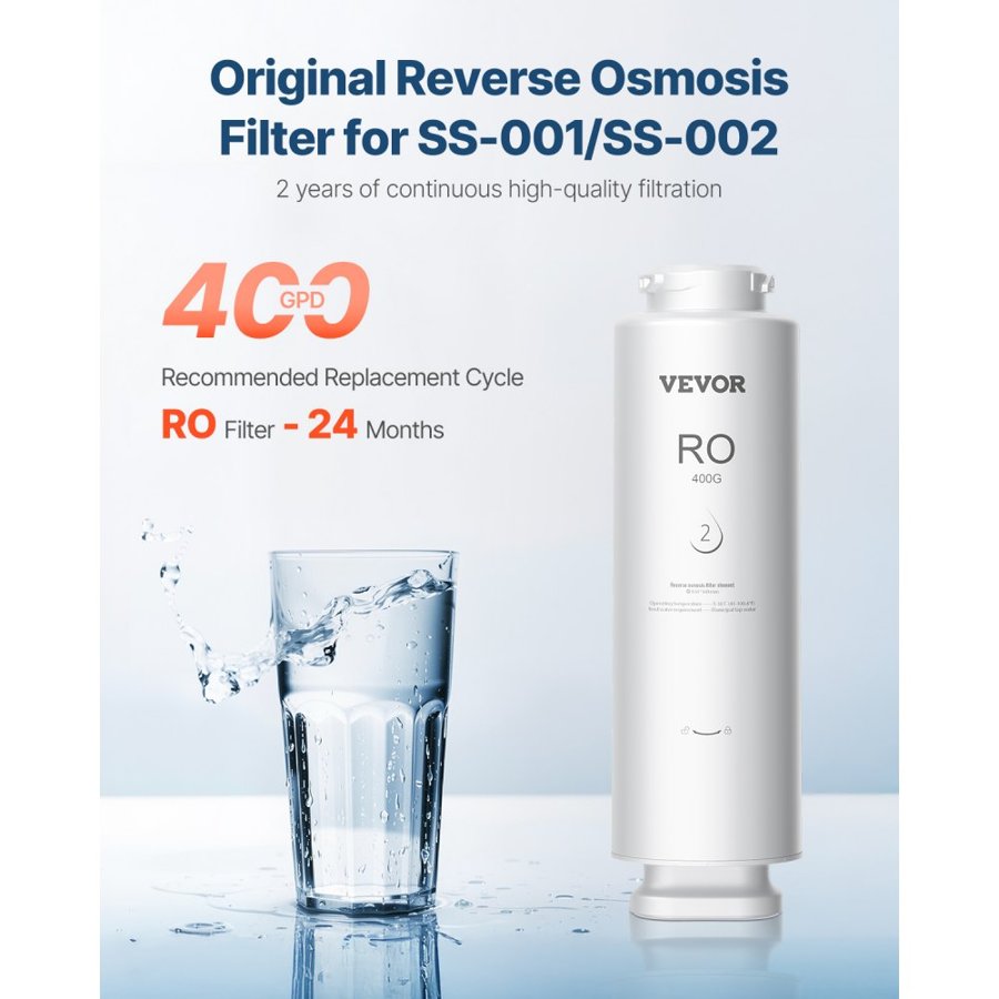 VEVOR Reverse Osmosis System, 400 GPD 9-stage Reverse Osmosis Water Filter Replacement, RO Filter Cartridge for 24 Months, Reduces Lead, Chlorine, Rust, Compatible with SS-002 Under Sink Water Filter