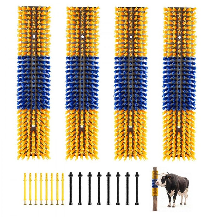 VEVOR Livestock Scratching Brush, 4PCS Goat Scratcher Brush Post with 16 Screws, 430x100 mm Cow Scratcher for Back Itch Relief, Massage Grooming Scratch Tool for Horse Cattle Sheep Pig, Yellow & Blue