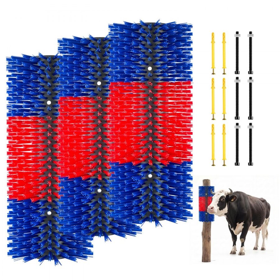 VEVOR Livestock Scratching Brush, 3PCS Goat Scratcher Brush Post with 12 Screws, 430 x 190 mm Cow Scratcher for Back Itch Relief, Massage Grooming Scratch Tool for Horse Cattle Sheep Pig, Blue & Red