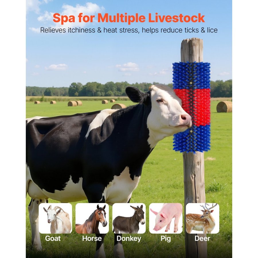 VEVOR Livestock Scratching Brush, 3PCS Goat Scratcher Brush Post with 12 Screws, 430 x 190 mm Cow Scratcher for Back Itch Relief, Massage Grooming Scratch Tool for Horse Cattle Sheep Pig, Blue & Red