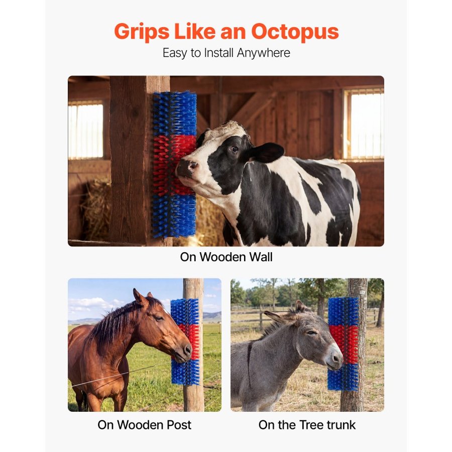 VEVOR Livestock Scratching Brush, 3PCS Goat Scratcher Brush Post with 12 Screws, 430 x 190 mm Cow Scratcher for Back Itch Relief, Massage Grooming Scratch Tool for Horse Cattle Sheep Pig, Blue & Red