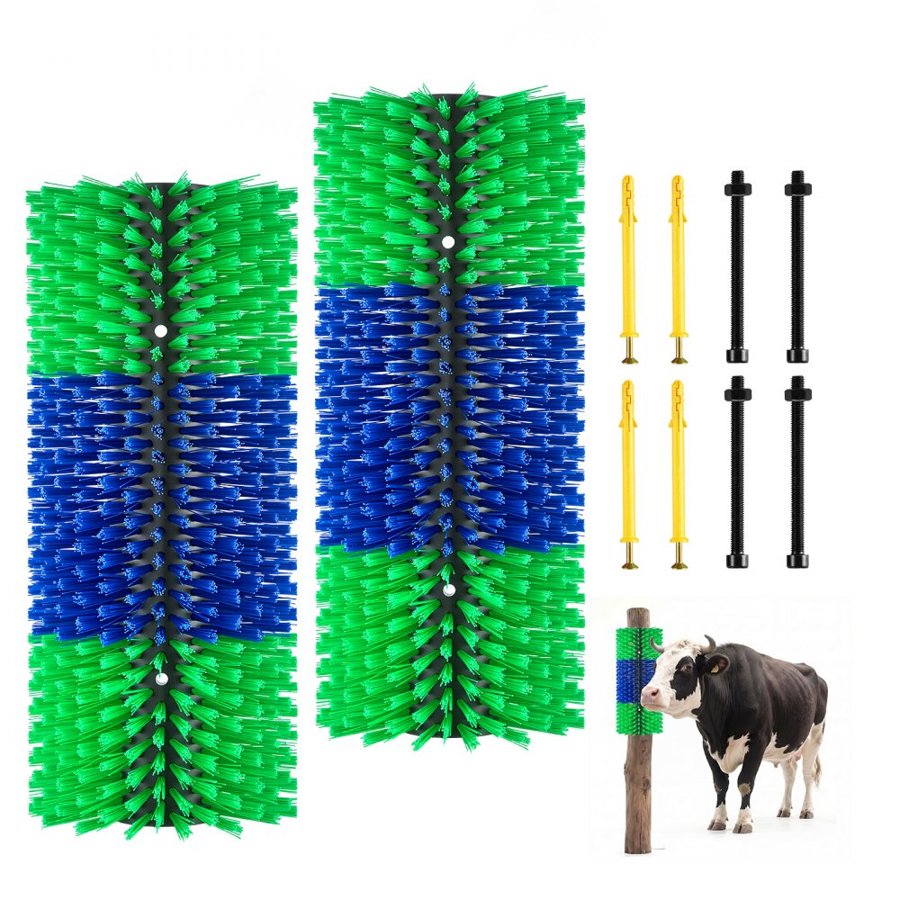 VEVOR Livestock Scratching Brush, 2PCS Goat Scratcher Brush Post with 8 Screws, 430 x 190 mm Cow Scratcher for Back Itch Relief, Massage Grooming Scratch Tool for Horse Cattle Sheep Pig, Green & Blue