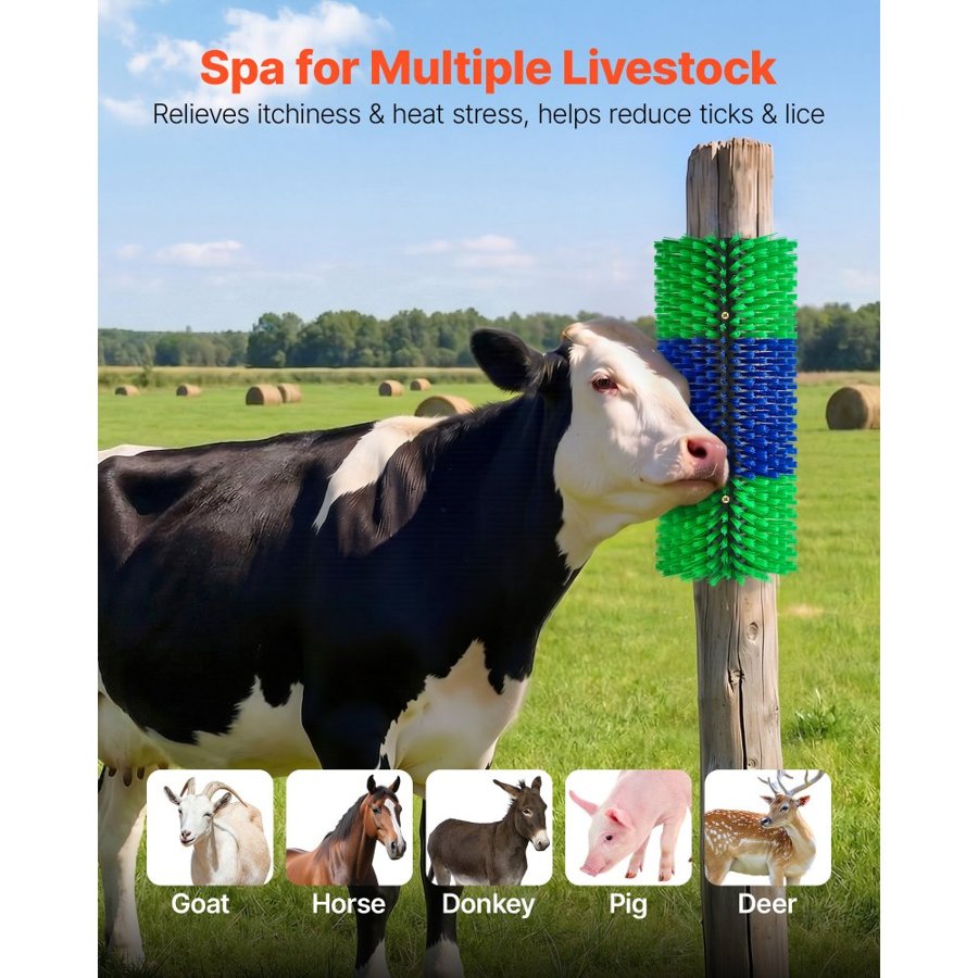 VEVOR Livestock Scratching Brush, 2PCS Goat Scratcher Brush Post with 8 Screws, 430 x 190 mm Cow Scratcher for Back Itch Relief, Massage Grooming Scratch Tool for Horse Cattle Sheep Pig, Green & Blue
