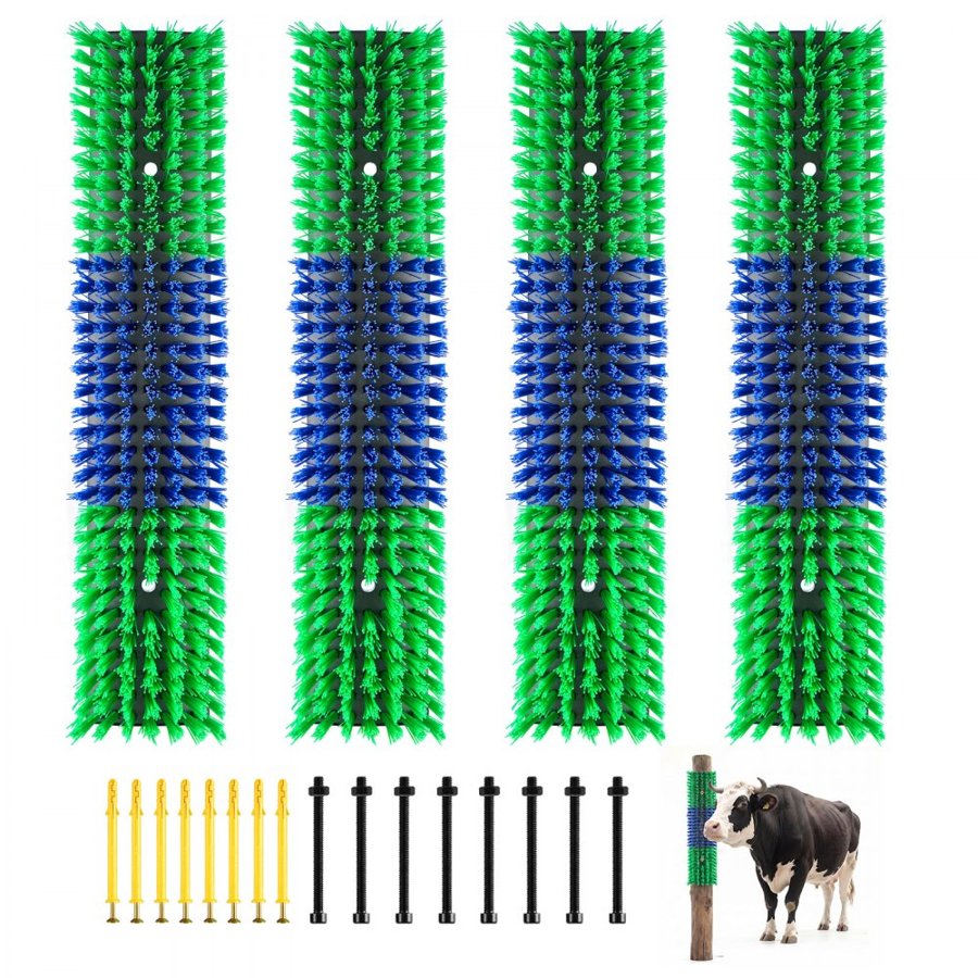 VEVOR Livestock Scratching Brush, 4PCS Goat Scratcher Brush Post with 16 Screws, 430 x 100 mm Cow Scratcher for Back Itch Relief, Massage Grooming Scratch Tool for Horse Cattle Sheep Pig, Green & Blue
