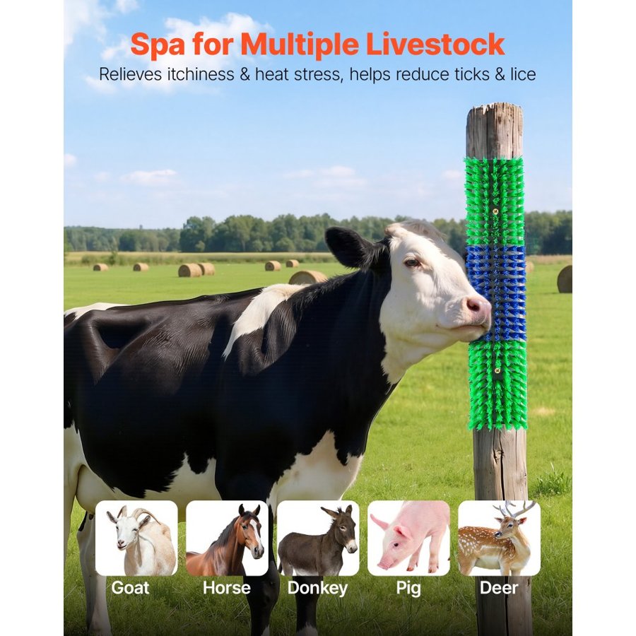 VEVOR Livestock Scratching Brush, 4PCS Goat Scratcher Brush Post with 16 Screws, 430 x 100 mm Cow Scratcher for Back Itch Relief, Massage Grooming Scratch Tool for Horse Cattle Sheep Pig, Green & Blue