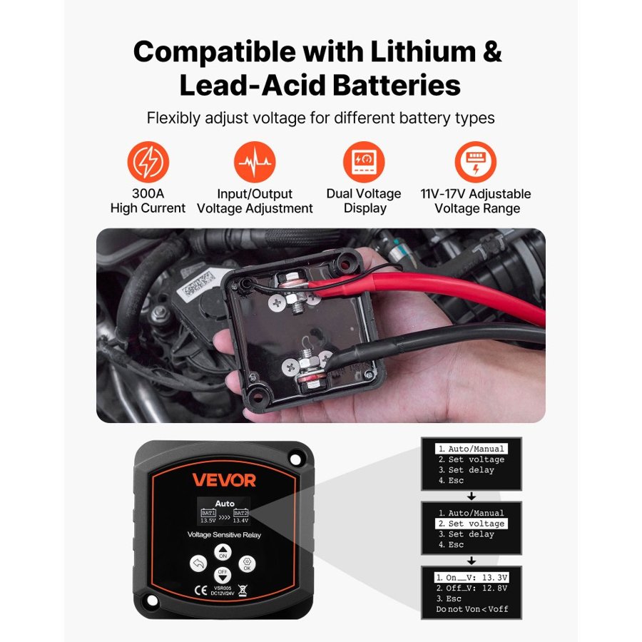 VEVOR Dual Battery Isolator – 12V 300A VSR with LCD Display