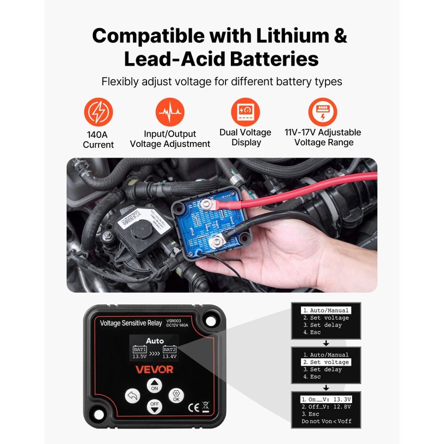 VEVOR Smart Dual Battery Isolator – 12V, 140A, VSR Relay