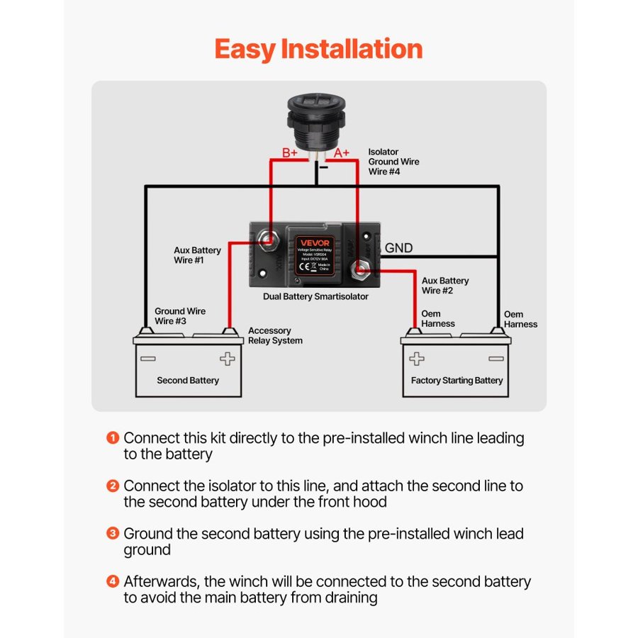 VEVOR Dual Battery Isolator Kit 12V – 80Amp, 2 ft 6 AWG