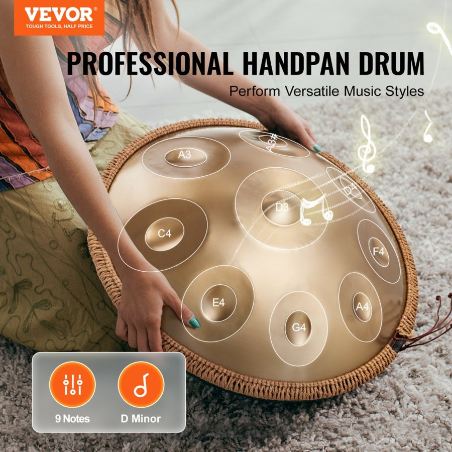 VEVOR Handpan Drum 55.9 cm 9 Notes D Minor Steel Hand Drum with Mallets for Adult