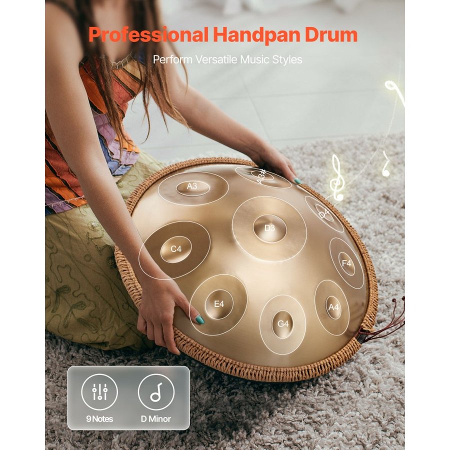 VEVOR Handpan Drum, 56 cm 9 Notes Steel Hand Drum, 432Hz D Minor Musical Drums with Woven Edge Guard, 2 Mallets & Carrying Case, Fade-Resistant Percussion Instrument for Professional Performance