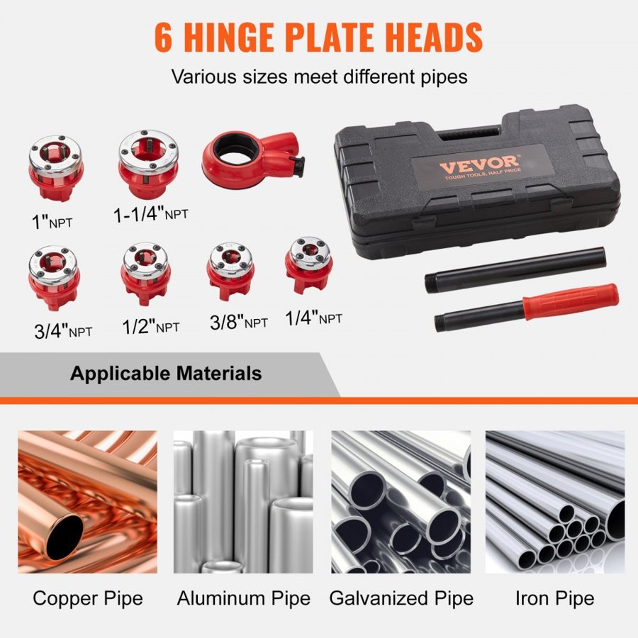 VEVOR Ratchet Pipe Threader Kit, 6.4mm NPT - 32mm NPT Manual Ratcheting Pipe Threader, Portable Pipe Threading Tool Set with 6PCS NPT Dies, Storage Case for Galvanized Aluminum Iron Copper Pipes