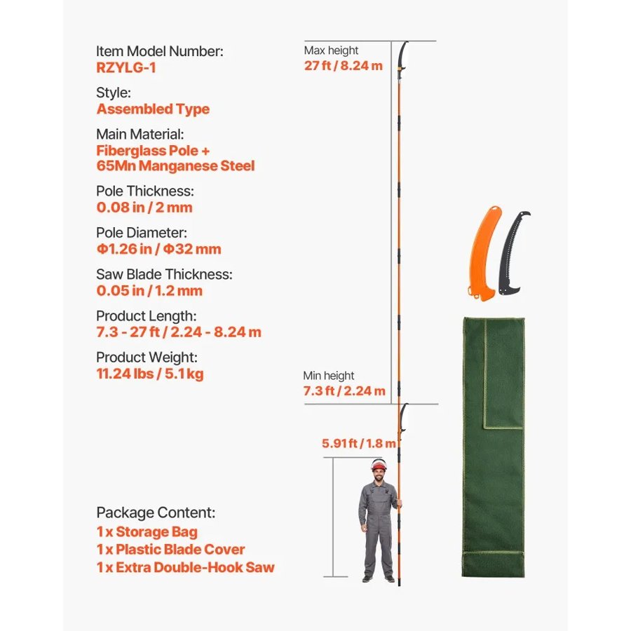 VEVOR Manual Pole Saw, 2.2 - 8.2 m Extendable Tree Pruner, Sharp Steel Blade High Branches Trimming, Manual Branch Trimmer with Lightweight 2.4 m Fiberglass Handles, for Pruning Palms and Shrubs