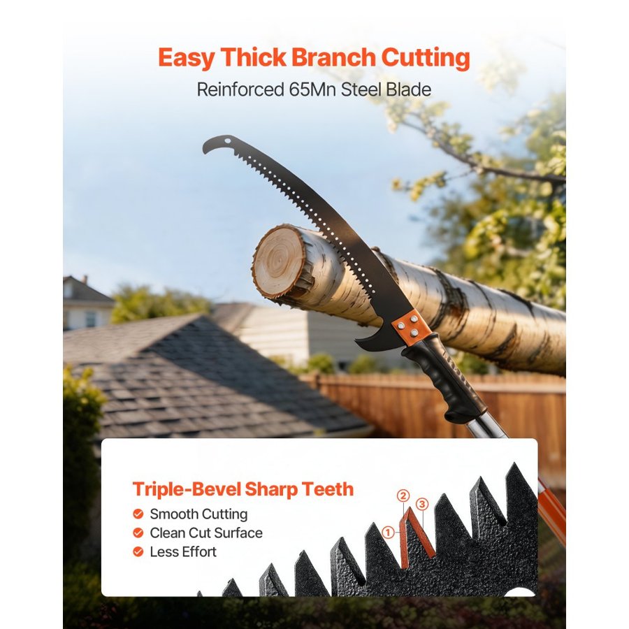 VEVOR Manual Pole Saw, 2.2 - 8.2 m Extendable Tree Pruner, Sharp Steel Blade High Branches Trimming, Manual Branch Trimmer with Lightweight 2.4 m Fiberglass Handles, for Pruning Palms and Shrubs