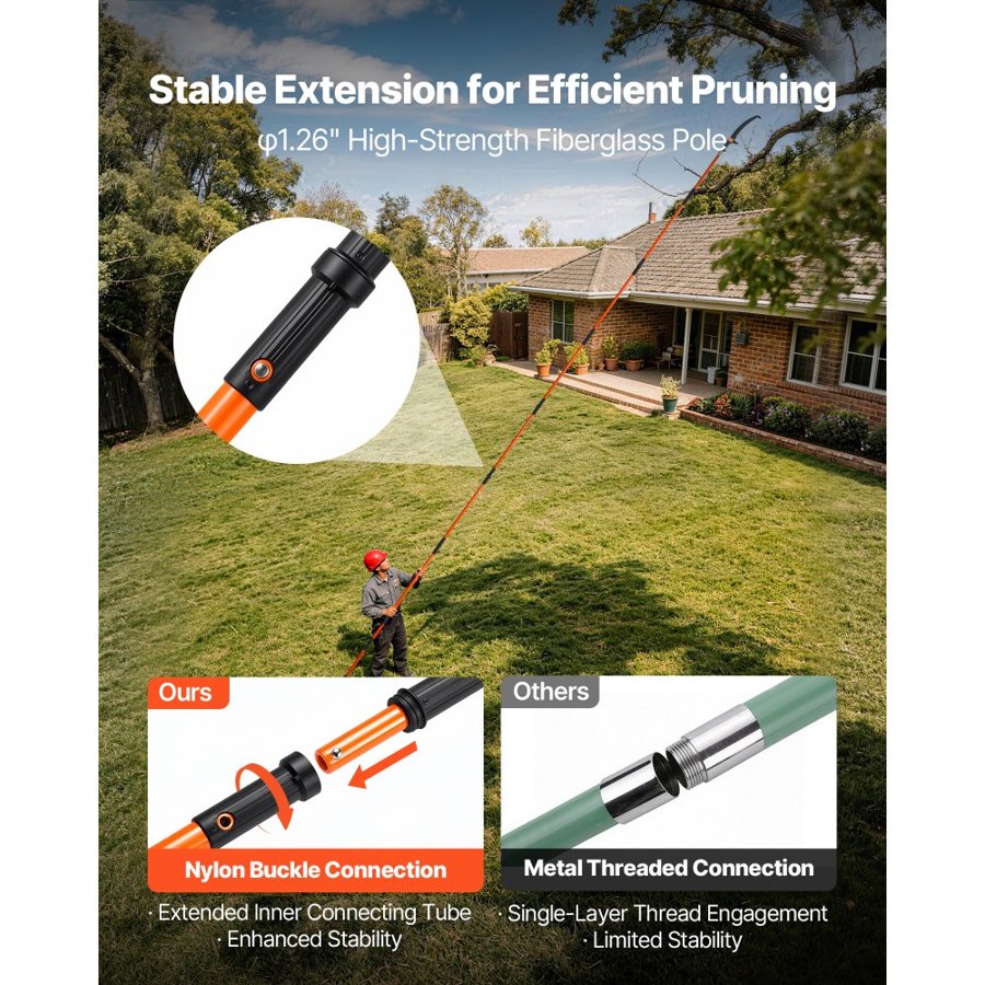 VEVOR Manual Pole Saw, 2.2 - 8.2 m Extendable Tree Pruner, Sharp Steel Blade High Branches Trimming, Manual Branch Trimmer with Lightweight 2.4 m Fiberglass Handles, for Pruning Palms and Shrubs
