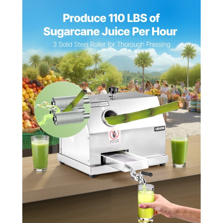 VEVOR Commercial Sugar Cane Juicer Machine 50 kg/h Output 3 Rollers 62 mm Inlet