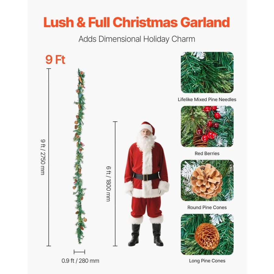 VEVOR Christmas Garland, 2750mm Artificial Christmas Garland with Light String, Faux Greenery Decoration with Berry Clusters, Pine Needles, Pine Cones, Realistic Xmas Collection for Mantel Fireplace