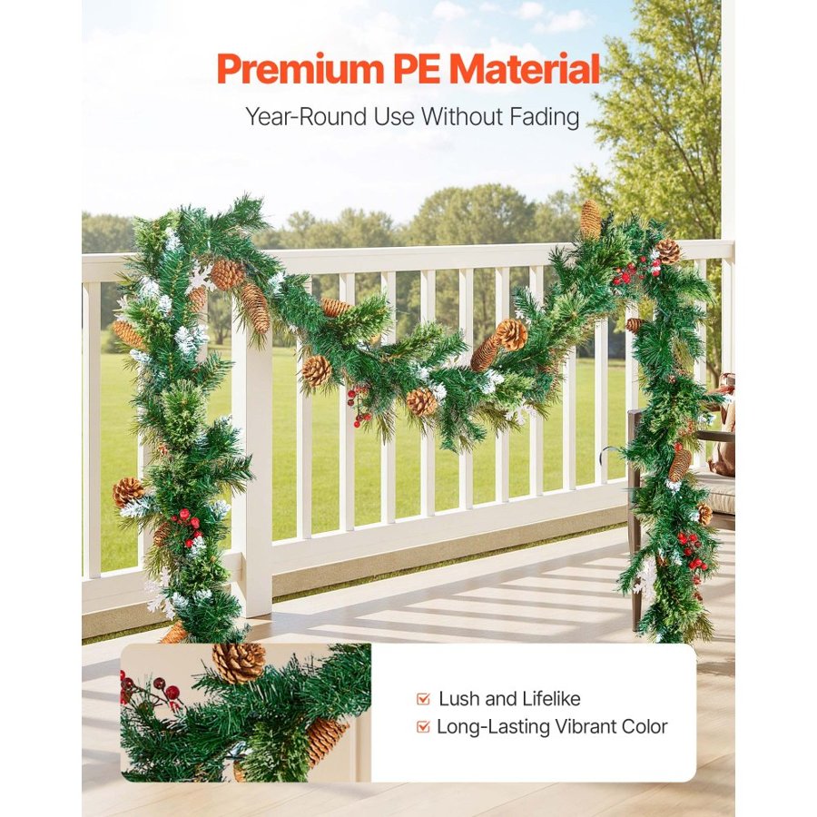 VEVOR Christmas Garland, 2750mm Artificial Christmas Garland with Light String, Faux Greenery Decoration with Berry Clusters, Pine Needles, Pine Cones, Realistic Xmas Collection for Mantel Fireplace