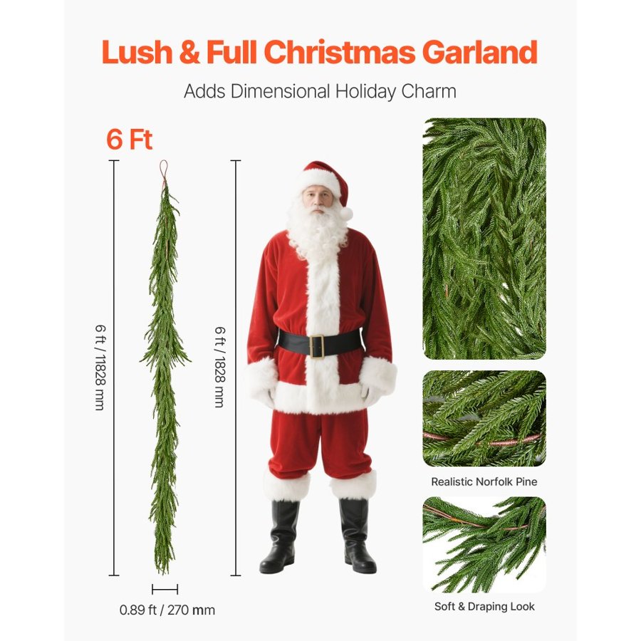 VEVOR Christmas Garland, 1828 mm Realistic Norfolk Pine Garland, Evergreen Real Touch Artificial Faux Greenery Garlands, for Holiday Indoor Outdoor Xmas Decoration on Table, Mantel, and Fireplace