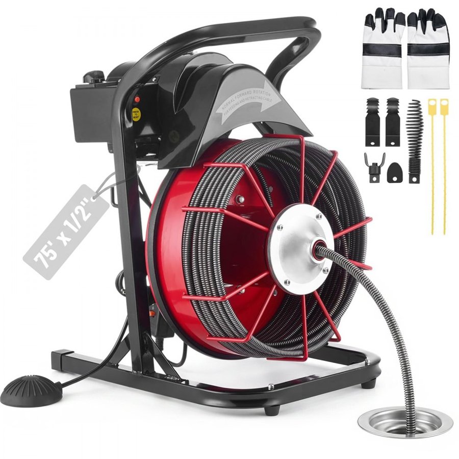 VEVOR Drain Cleaner Machine 23m x 13mm, Sewer Snake Auger Manual Feed with 4 Cutters & Air-activated Foot Switch for 50mm to 150mm Pipes