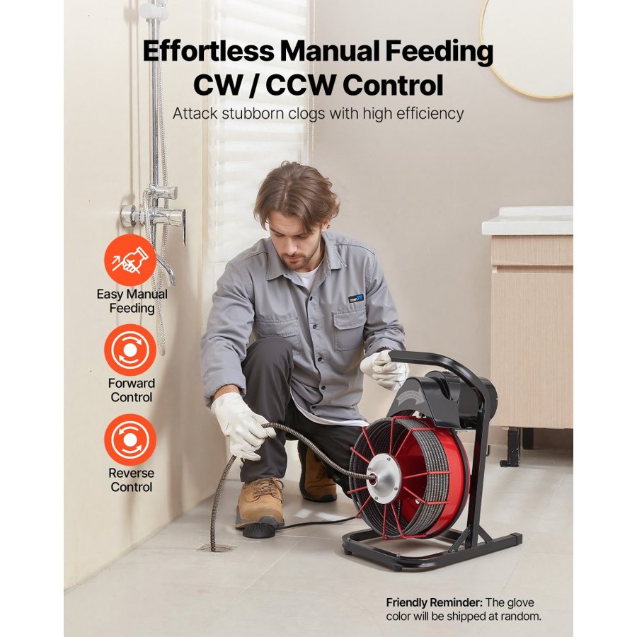 VEVOR Drain Cleaner Machine 23m x 13mm, Sewer Snake Auger Manual Feed with 4 Cutters & Air-activated Foot Switch for 50mm to 150mm Pipes