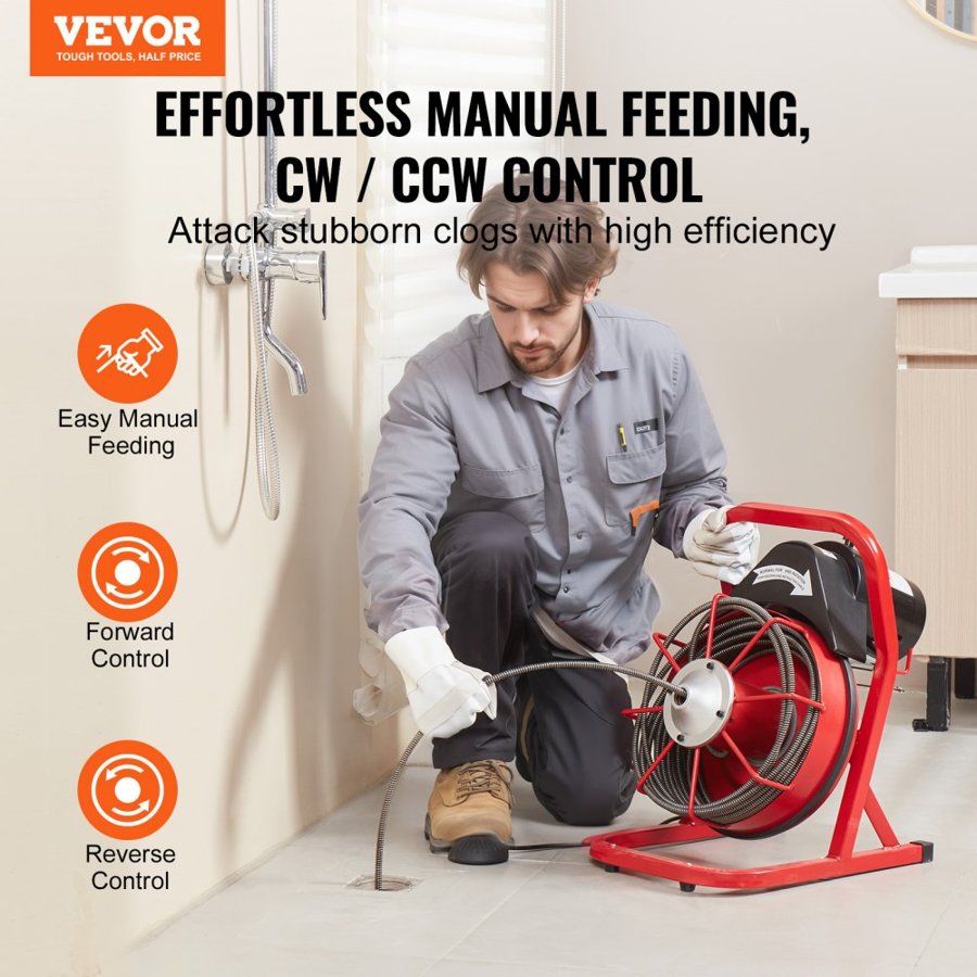 VEVOR Drain Cleaner Machine 50FT x 3/8 Inch, Sewer Snake Auger Manual Feed, 250W Electric Drain Cleaning Machine with 4 Cutters & Air-activated Foot Switch for 2" to 4" Pipes