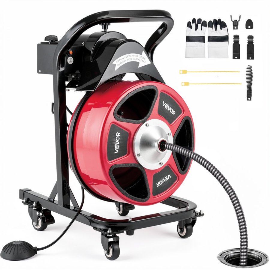 VEVOR Drain Cleaner Machine 15m x 13mm, Manual Feed Sewer Snake Auger on Wheels - with 4 Cutters & Air-activated Foot Switch for 50mm to 150mm Pipes