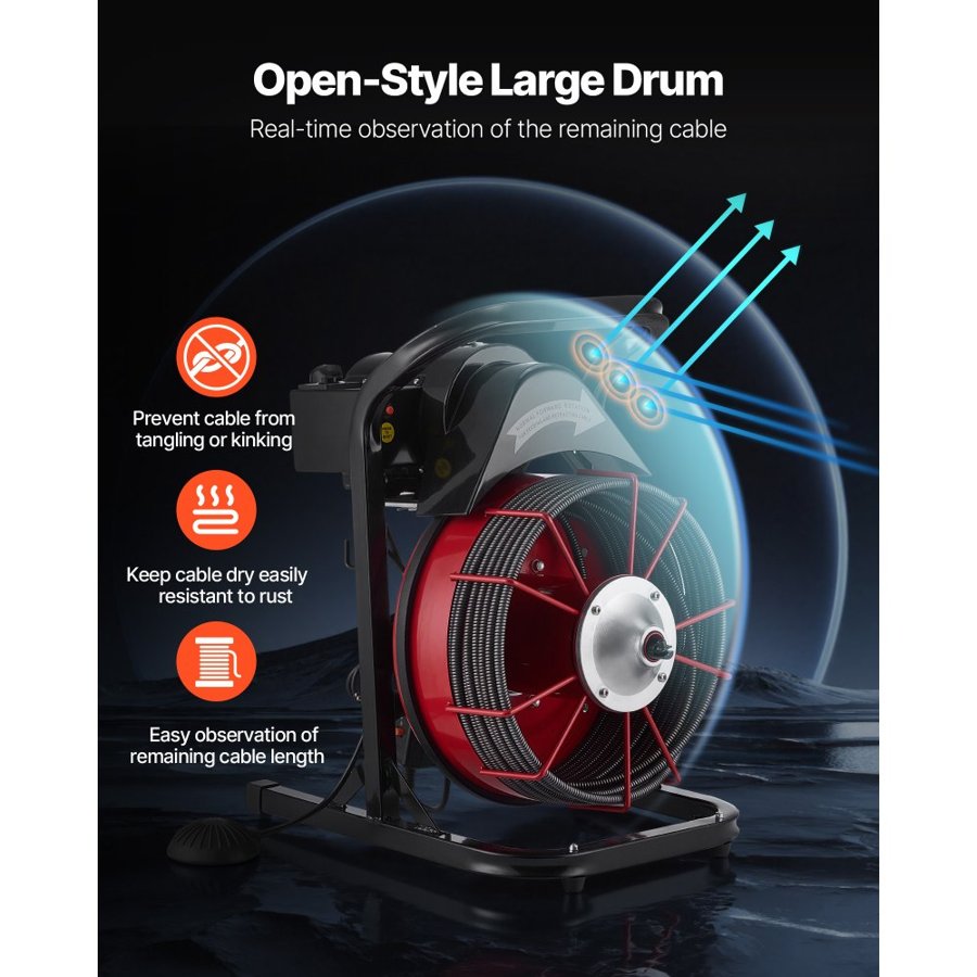 VEVOR Drain Cleaner Machine 23m x 10.5mm, Sewer Snake Auger Manual Feed with 4 Cutters & Air-activated Foot Switch for 50mm to 100mm Pipes