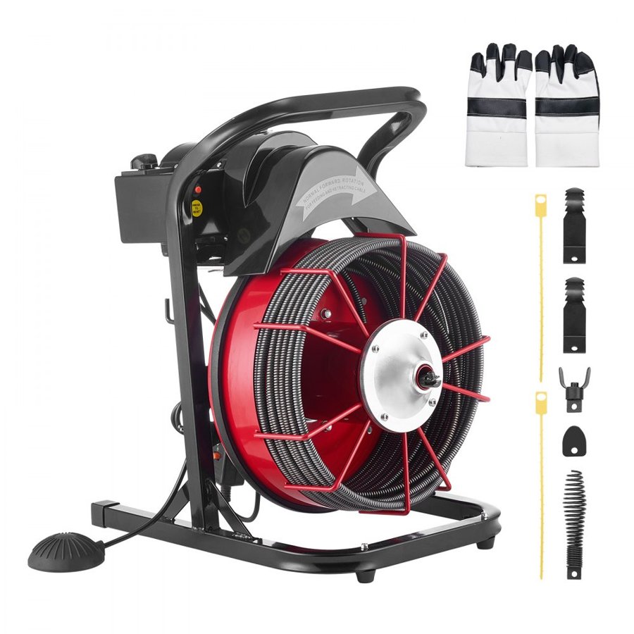 VEVOR Drain Cleaner Machine 15m x 13mm, Sewer Snake Auger Manual Feed with 4 Cutters & Air-activated Foot Switch for 50mm to 150mm Pipes