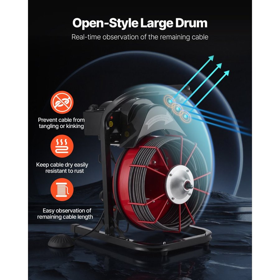 VEVOR Drain Cleaner Machine 15m x 13mm, Sewer Snake Auger Manual Feed with 4 Cutters & Air-activated Foot Switch for 50mm to 150mm Pipes