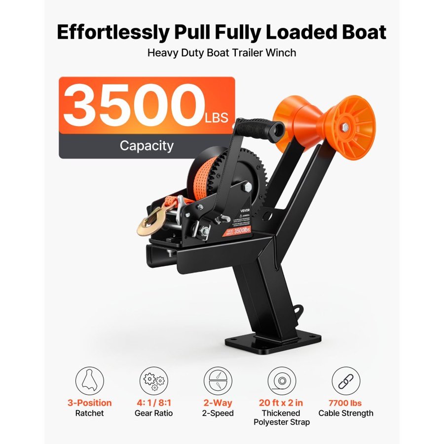 VEVOR Boat Trailer Winch Stand with Roller, 1588 kg, 6.1m Orange Polyester Strap, Boat Winch Mount, for 2-3 Inches W x 3-4 Inches H Trailer Tongue, Fit for Jet Ski, Sailboat, Speedboat
