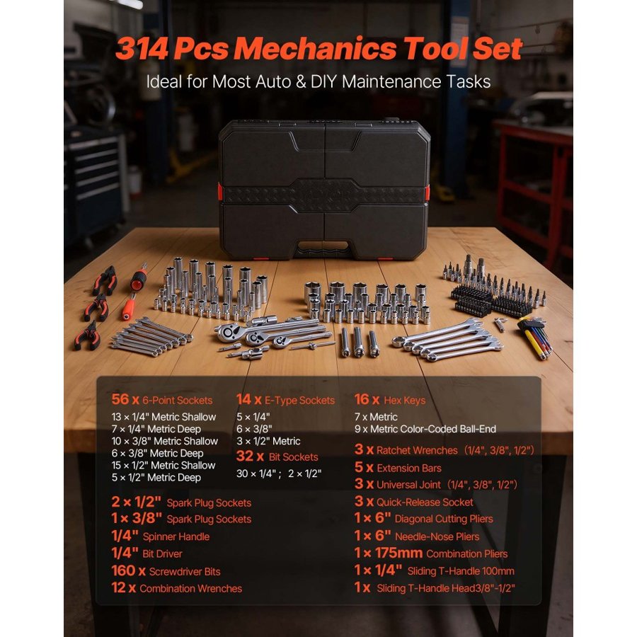 VEVOR Auto Mechanic Tool Kit – 314pc, CR-V, 1/4" 3/8" 1/2"
