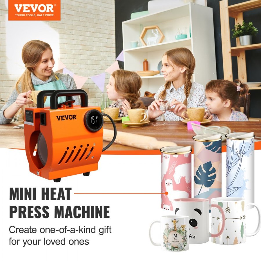 VEVOR Mug Heat Press, Mini Cup Press Machine, DIY Sublimation Blanks 311.8 g-425.2 g Coffee Mugs Tumblers, Handheld Lightweight Presser as Holiday Gift Present, Easy Press with Tape Gloves Accessories