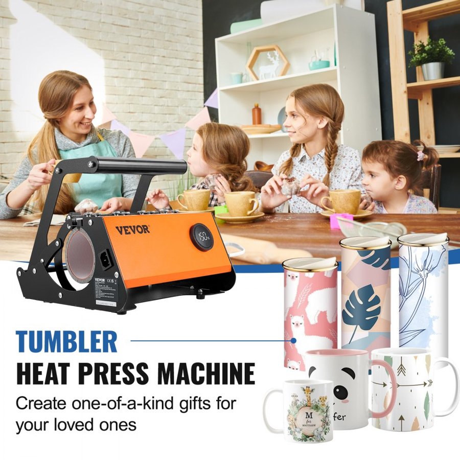 VEVOR Mug Heat Press, 850.5 g Tumbler Heat Press Machine, Sublimation Transfer 311.84-425.2 g 453.59-708.7 g 850.5 g Straight Skinny Tumblers, Cup Heat Press with Heat-resist Gloves & Tape, DIY Ceramic Mugs Cups Glasses
