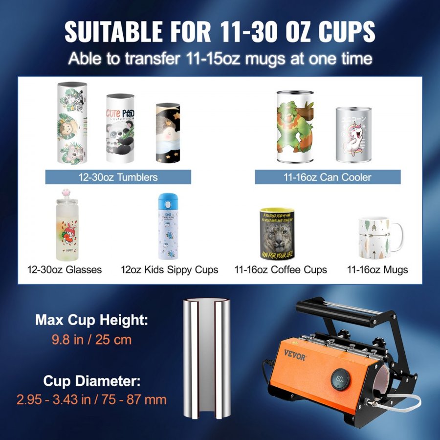 VEVOR Mug Heat Press, 850.5 g Tumbler Heat Press Machine, Sublimation Transfer 311.84-425.2 g 453.59-708.7 g 850.5 g Straight Skinny Tumblers, Cup Heat Press with Heat-resist Gloves & Tape, DIY Ceramic Mugs Cups Glasses