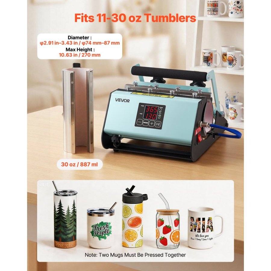 VEVOR Tumbler Heat Press Machine, Max 887 mL Mug Press, Fast and Even Heating, with Tape and Gloves, Easy Temp and Time Setting, Heat Transfer for Sublimation Tumblers, Cups, Mugs, Black and Green