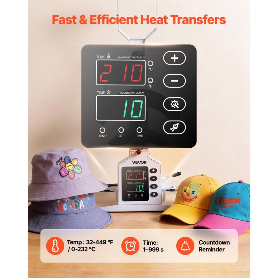 VEVOR Hat Heat Press Machine, 215 x 100 mm Large Heating Plate, with Caps Stretcher, Precise Temperature & Time Control, Heat Press for Hats and Caps, for HTV Iron On and Sublimation Projects, White
