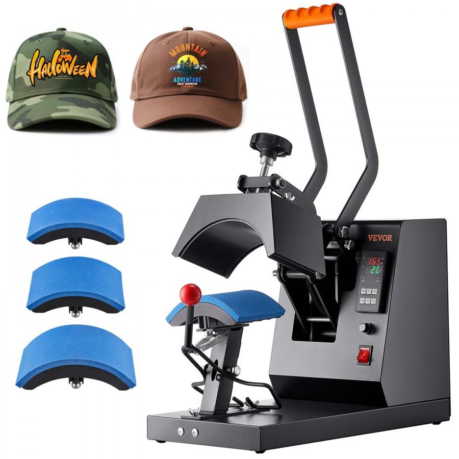 VEVOR Hat Heat Press, 4-in-1 Cap Heat Press Machine, 15.24 x 7.6 cm Clamshell Sublimation Transfer, LCD Digital Timer Temperature Control with 4pcs Curved Heating Elements (15.24 x 7.6/17x6.86/17x6.86/20.57x8.89 cm)