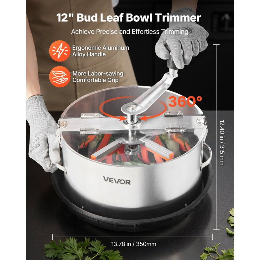 VEVOR Manual Bud Leaf Trimmer, 300mm  Reaper Bowl Bud Trimmer with Stainless Steel Blades, Visual Cutting , Wet & Dry Hydroponic Cutting Machine with Tray, Twisted Spin Cut for Plant Buds Flowers