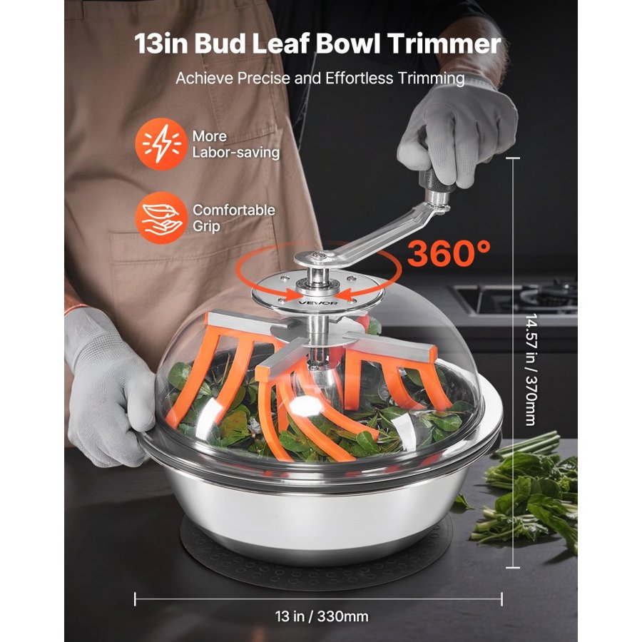 VEVOR Bud Leaf Bowl Trimmer, 335 mm Manual Bud Trimmer, with Sharp Stainless Steel Blades, Visual Cutting, Wet & Dry Hydroponic Cutting Machine, Twisted Spin Cut for Plants Leaves Buds Flowers