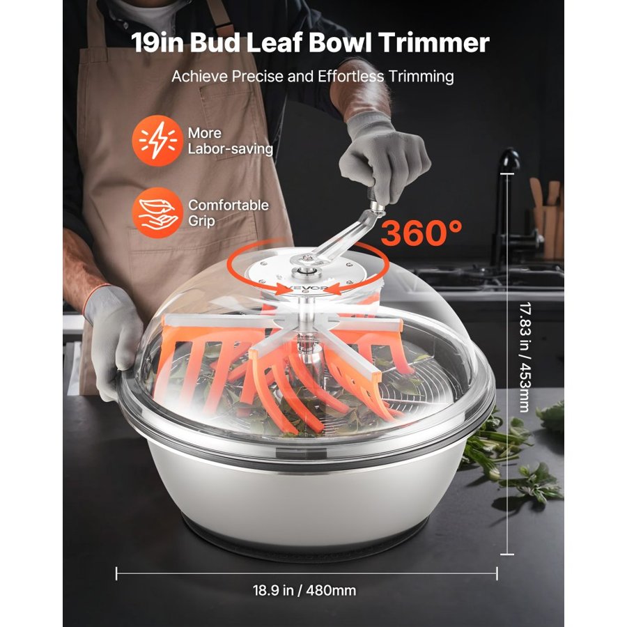 VEVOR Bud Leaf Bowl Trimmer, 490 mm Manual Bud Trimmer, with Sharp Stainless Steel Blades, Visual Cutting, Wet & Dry Hydroponic Cutting Machine, Twisted Spin Cut for Plants Leaves Buds Flowers