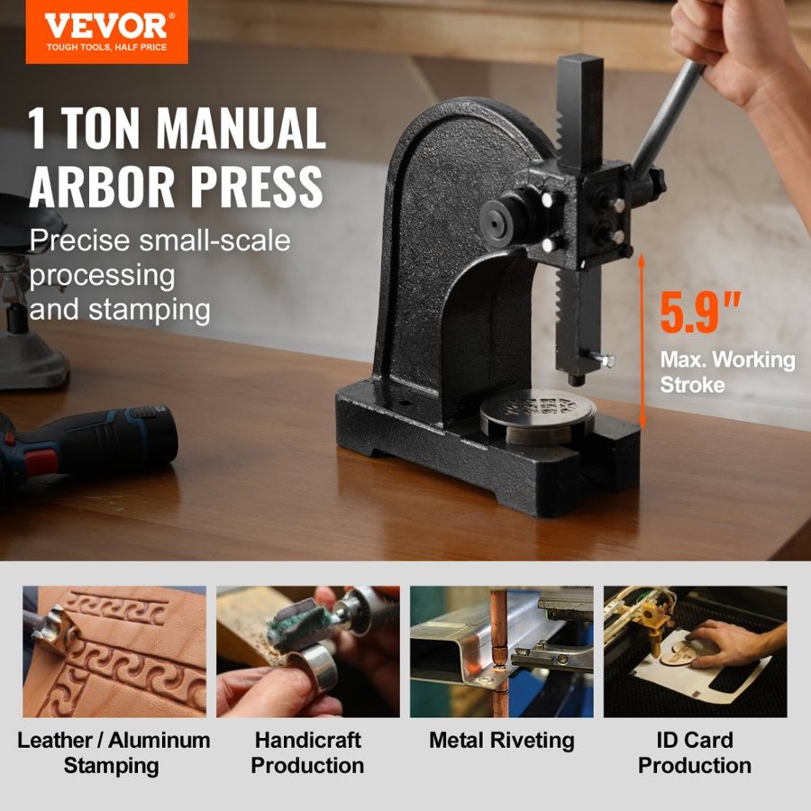 VEVOR Arbor Press, 1 Ton Manual Arbor Press, 15 cm Maximum Height, Cast Iron Heavy-duty Manual Desktop Arbor Press, Precision Hand Press for Stamping, Bending, Stretching, Forming