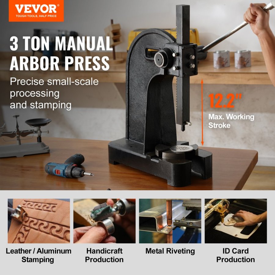 VEVOR Arbor Press, 3 Ton Manual Arbor Press, 310 mm Maximum Height, Cast Iron Heavy-duty Manual Desktop Arbor Press, Precision Hand Press for Stamping, Bending, Stretching, Forming