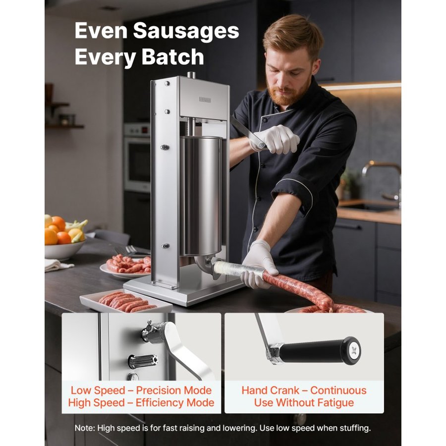 VEVOR Manual Sausage Stuffer, 33 LBS / 15 L Vertical Meat Stuffer, Heavy Duty Sausage Casing Meat Stuffing Machine, Dual-Speed Stainless Steel Filler with 5 Filling Tubes, for Commercial and Home Use