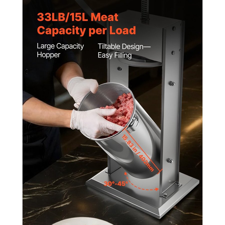 VEVOR Manual Sausage Stuffer, 33 LBS / 15 L Vertical Meat Stuffer, Heavy Duty Sausage Casing Meat Stuffing Machine, Dual-Speed Stainless Steel Filler with 5 Filling Tubes, for Commercial and Home Use