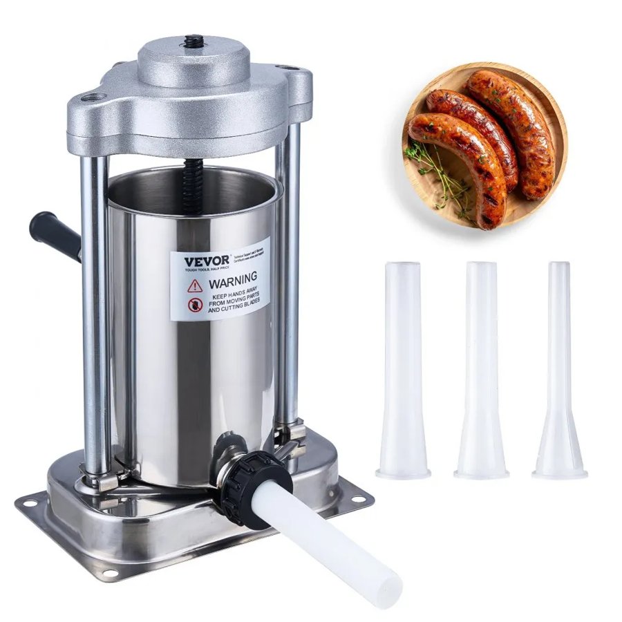 VEVOR Manual Sausage Stuffer, 2 L / 5 LBS Vertical Sausage Machine with G-type Clamp, Food-Grade 304 Stainless Steel Barrel with 2 Stuffing Tubes, for Home Kitchen Restaurant Commercial