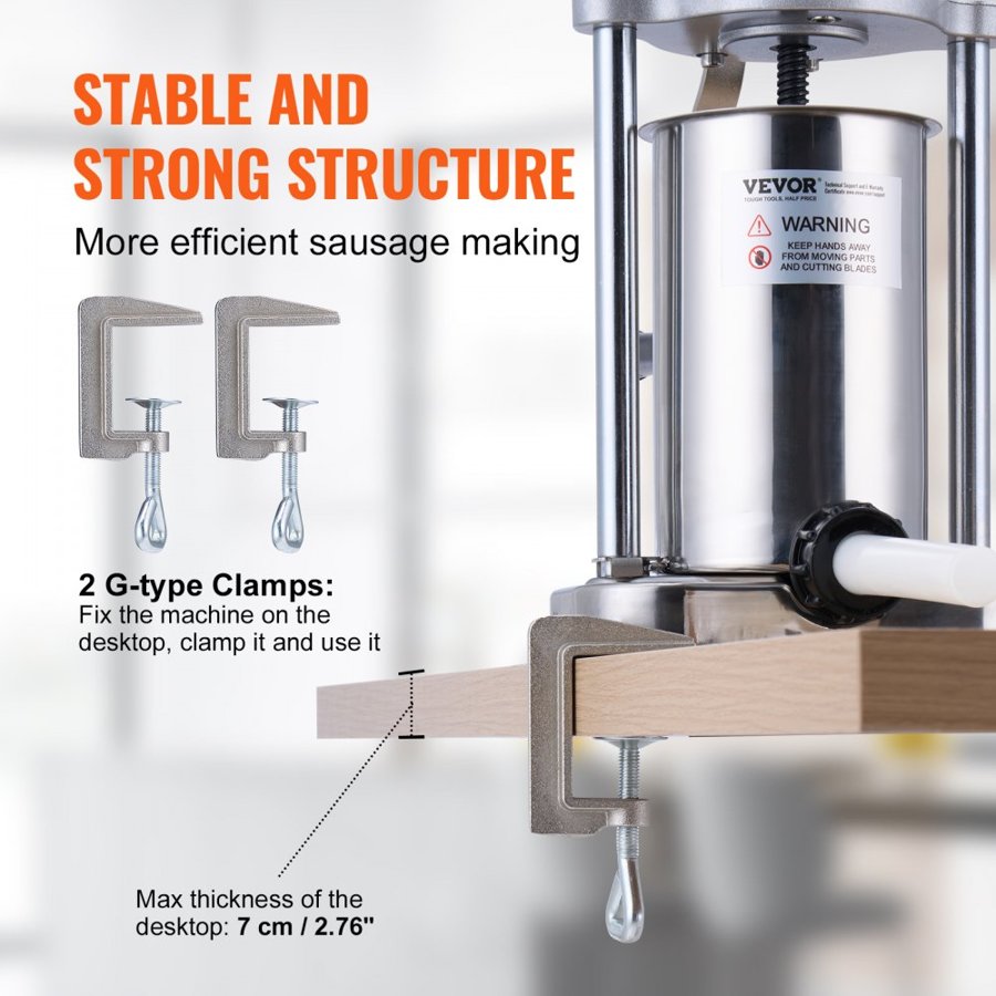 VEVOR Manual Sausage Stuffer, 2 L / 5 LBS Vertical Sausage Machine with G-type Clamp, Food-Grade 304 Stainless Steel Barrel with 2 Stuffing Tubes, for Home Kitchen Restaurant Commercial