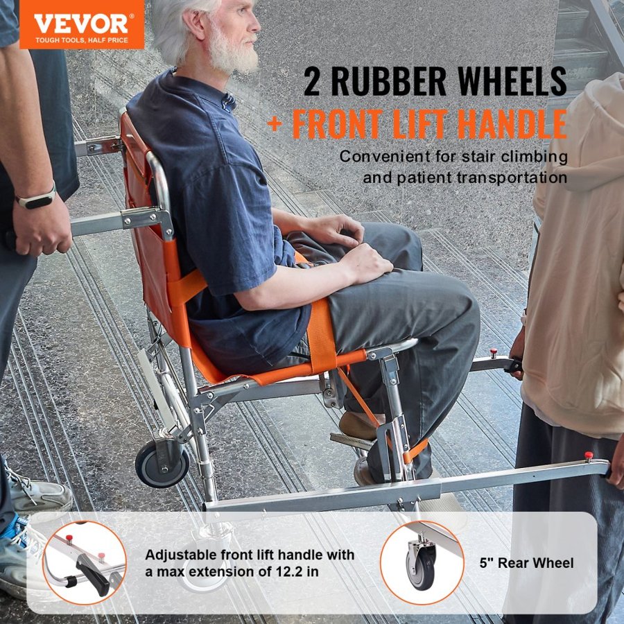 VEVOR EMS Stair Chair, 159 kg Load Capacity, Foldable Aluminum Emergency Stair Climbing Wheelchair with 2 Wheels, Portable Stair Lift Chair Ambulance Firefighter Evacuation Use for Elderly, Disabled