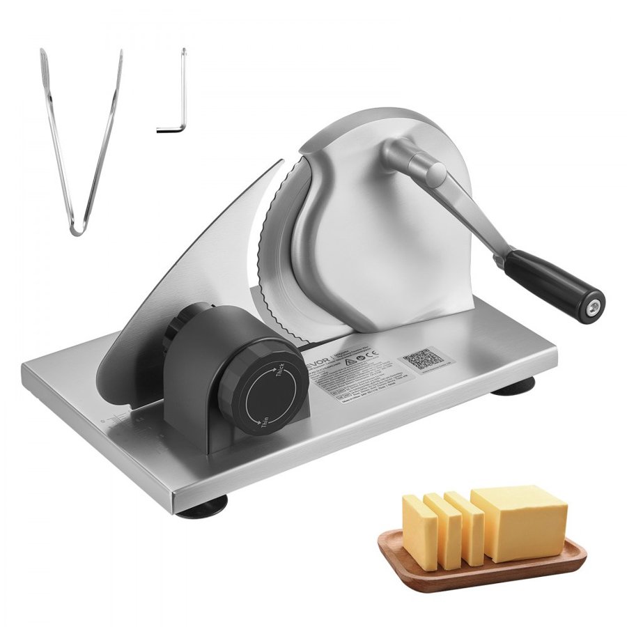 VEVOR Manual Bread Slicer, 0-15mm Adjustable Thickness Cheese Cutter, Hand-Cranked Bread Slicer with Micro-Serrated Stainless Steel Blade for Kitchen, Bakery, Party