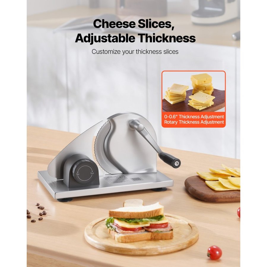VEVOR Manual Bread Slicer, 0-15mm Adjustable Thickness Cheese Cutter, Hand-Cranked Bread Slicer with Micro-Serrated Stainless Steel Blade for Kitchen, Bakery, Party